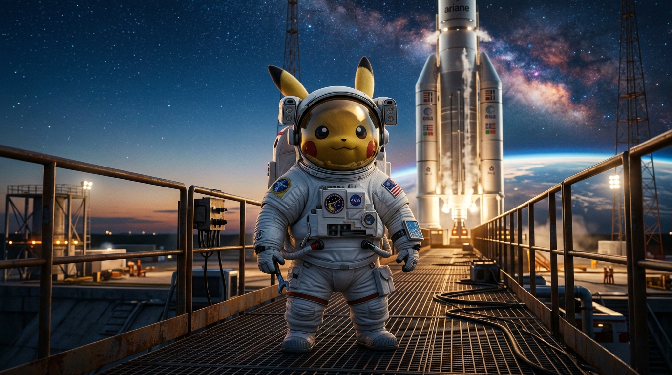 Astronaut Pikachu standing on an orbital launch pad catwalk in front of a futuristic heavy-lift rocket during World Space Week 2026 Rocket Revolution